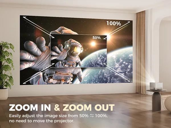 Easily adjust the image size from 50%-100%, no need to move the projector.