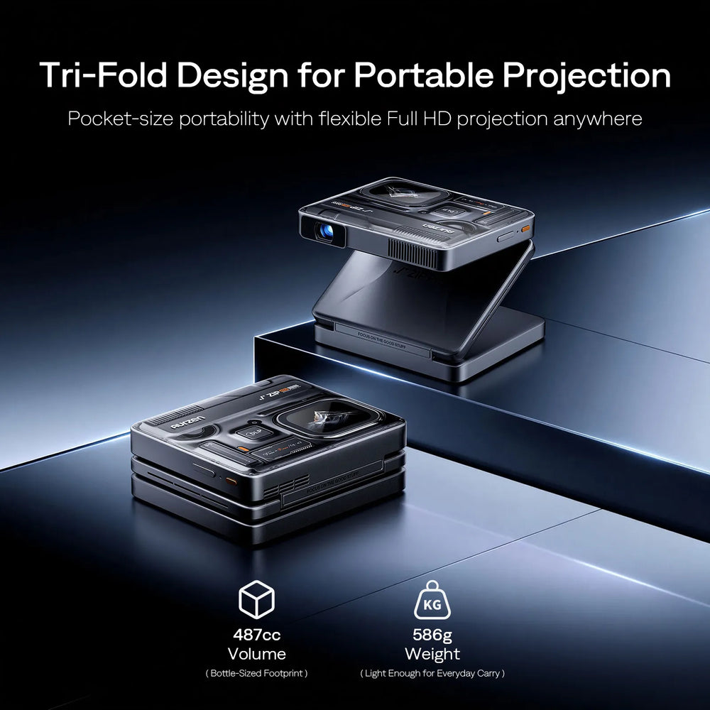 Tri-fold portable projector in folded and standing positions with lens visible
