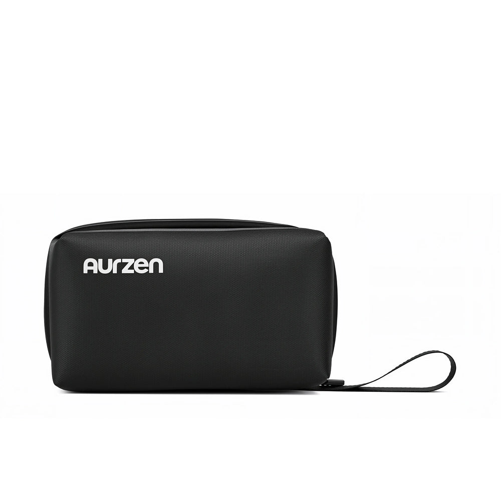 Black rectangular projector case with Aurzen logo and detachable strap