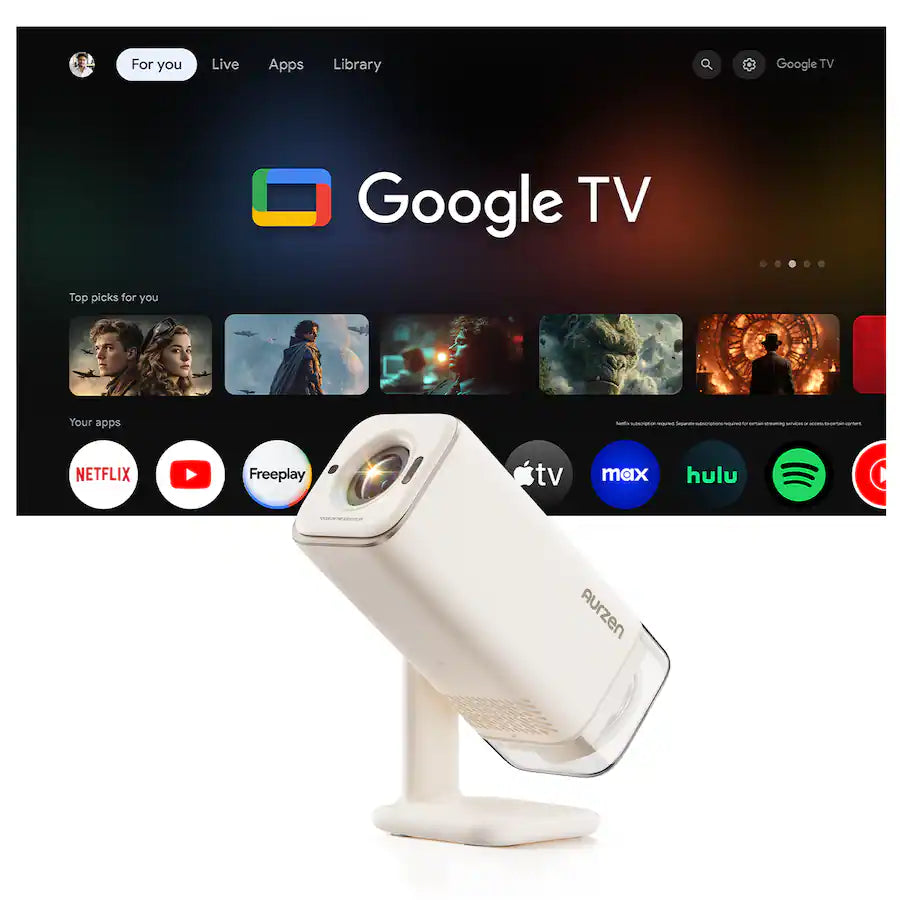 <tc>Aurzen</tc> - Proyector portátil, Google TV integrado, <tc>US</tc>Linterna con alimentación BC, soporte flexible, enfoque automático TOF, 300 lúmenes ANSI - Blanco hueso