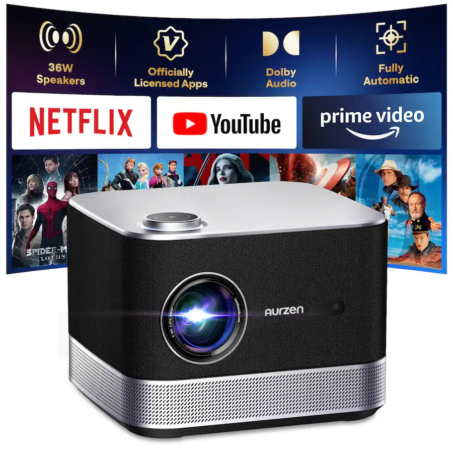 <tc>Aurzen</tc> - Projetor inteligente com resolução nativa de 1080p e alto-falantes de 36W & Dolby Audio, foco automático Keystone, padrão ANSI 500 oficial da Netflix - Preto