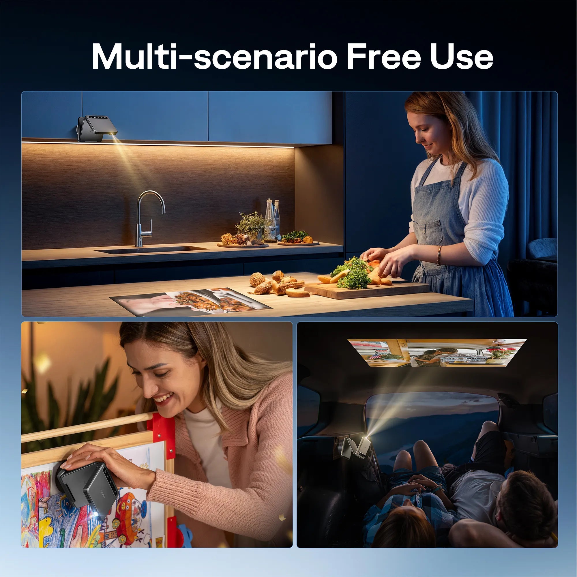 Magnetic projector mount used in kitchen, kids’ room, and car ceiling for multi-scenario viewing