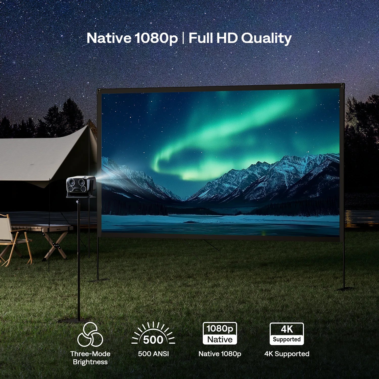 Outdoor projector with 500 ANSI lumens, native 1080p full HD resolution, and 4K input support