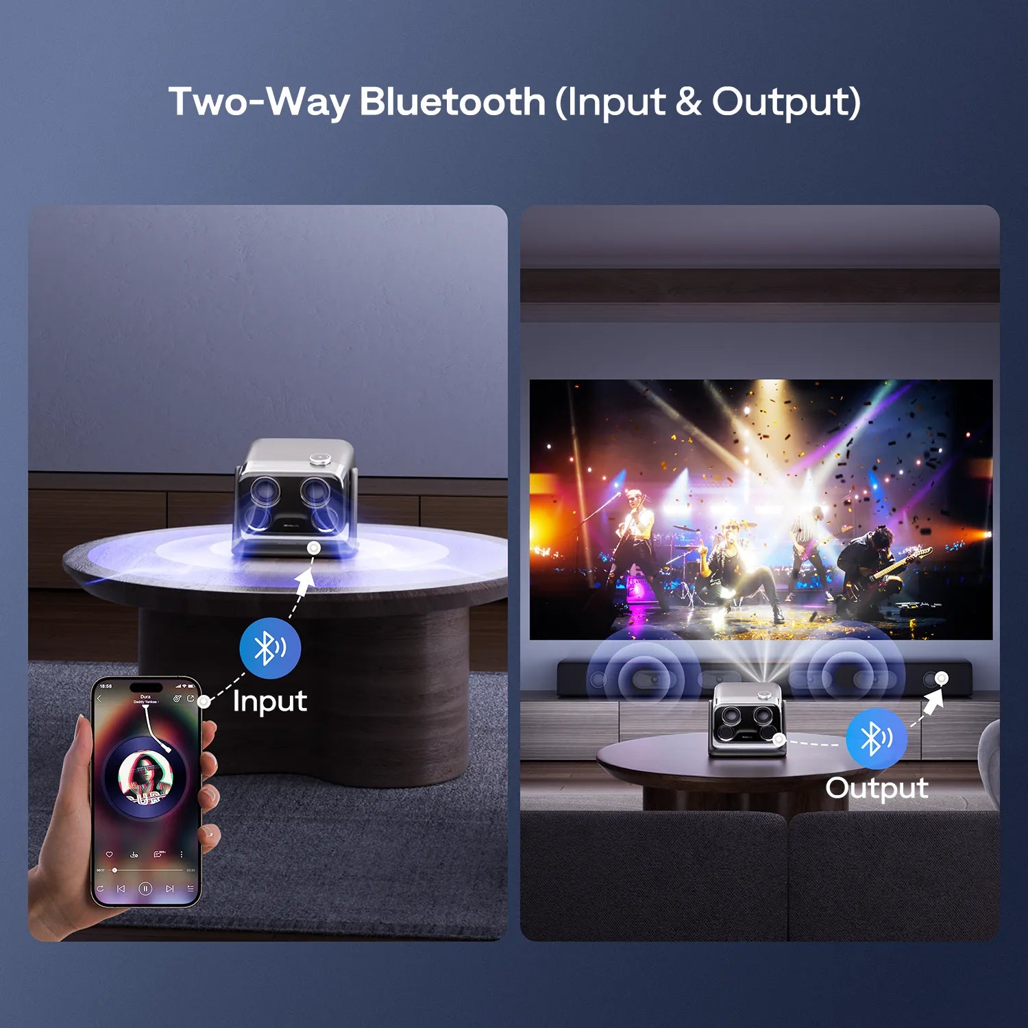Two-way Bluetooth projector for input from smartphones and output to external speakers
