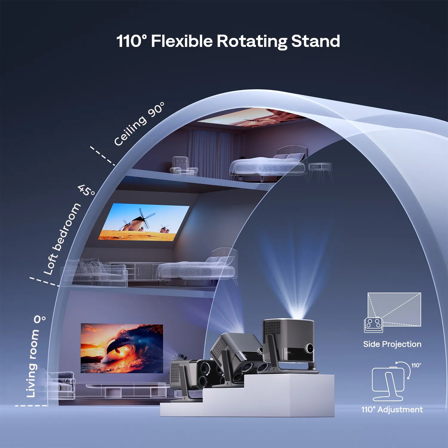 Adjustable projector stand with 110-degree vertical rotation for flexible ceiling or side projection angles