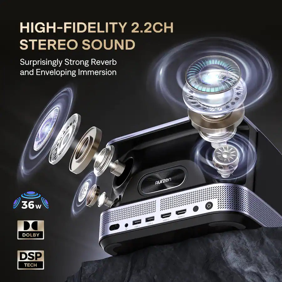 <tc>Aurzen</tc> - Projetor inteligente com resolução nativa de 1080p e alto-falantes de 36W & Dolby Audio, foco automático Keystone, padrão ANSI 500 oficial da Netflix - Preto