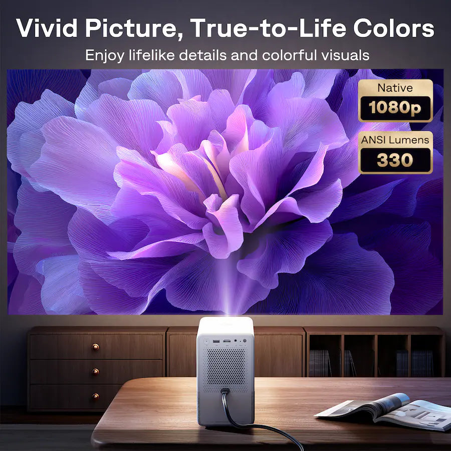 <tc>Aurzen</tc> - Projetor inteligente com Roku TV integrado, experiência de streaming Roku, 1080p FHD, motor óptico selado, Dolby Audio - Branco