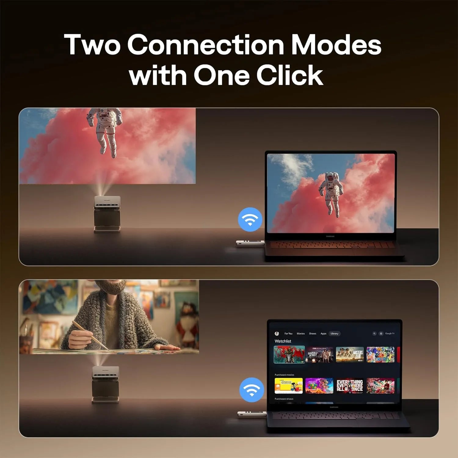 Wireless HDMI dongle with one-click switch between mirror mode and streaming mode