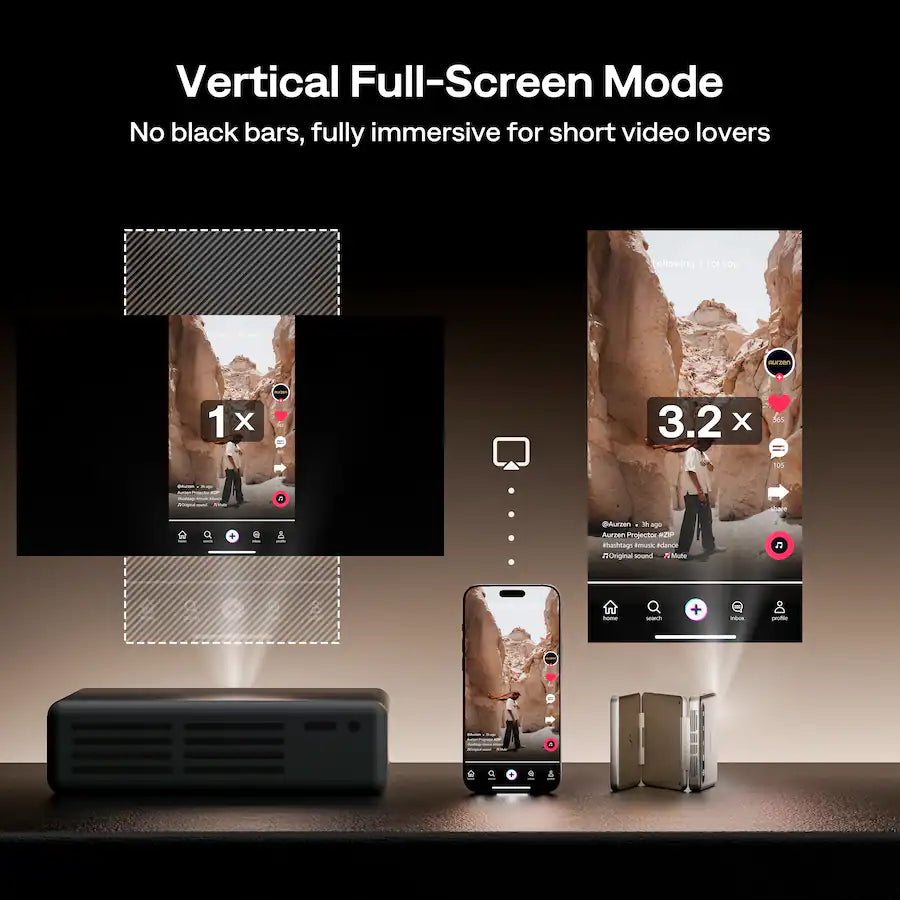 <tc>Aurzen</tc> Mini projetor triplo, tecnologia DLP, foco sem atraso, espelhamento de tela com um clique, carregamento rápido, bateria de 5000 mAh - Dourado