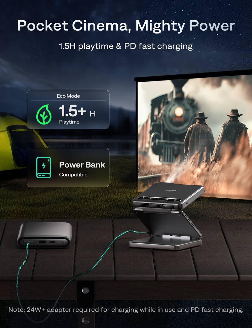 <tc>Aurzen</tc> Mini projetor dobrável em três partes, foco instantâneo, espelhamento de tela com um clique, bateria de 5000 mAh, tecnologia DLP - Cinza