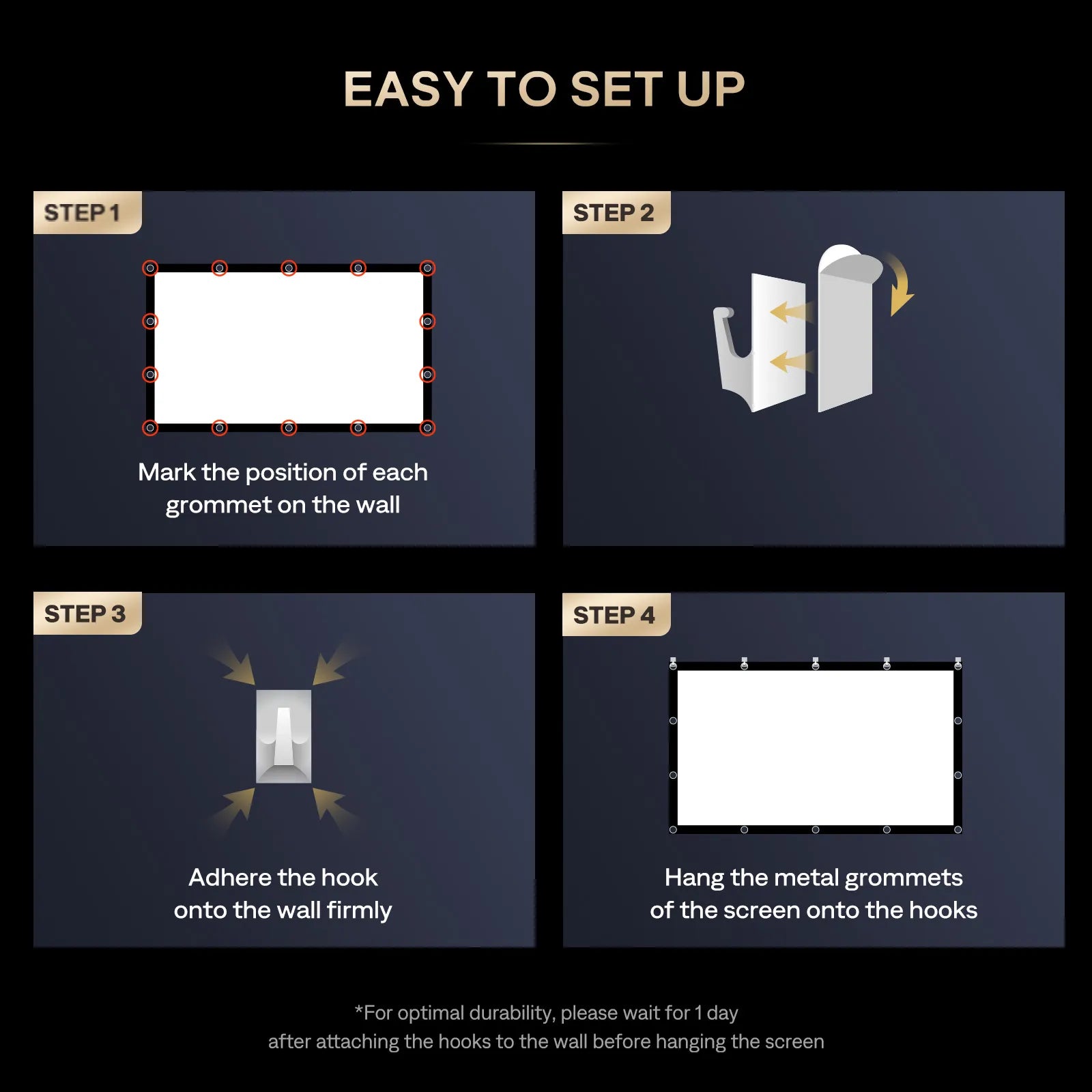 Easy Setup Instructions for Projector Screen - A visual guide showing the steps to set up the projector screen with hooks, stickers, and a focus on the easy installation process.