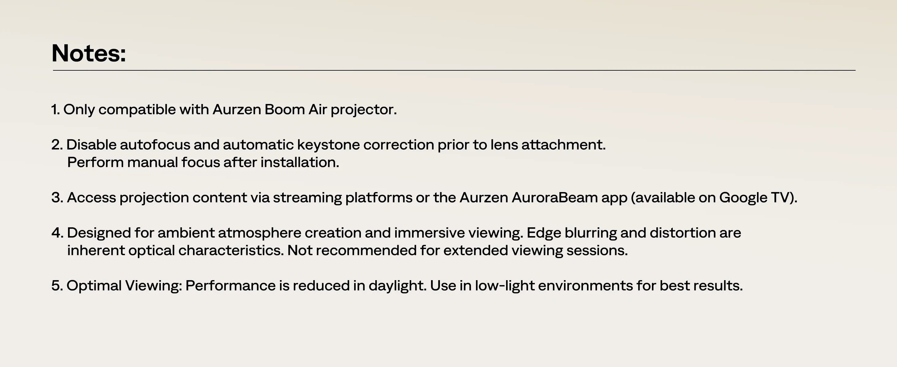 Aurzen AuroraBeam Lens usage notes – compatible only with BOOM air projector, best in low-light