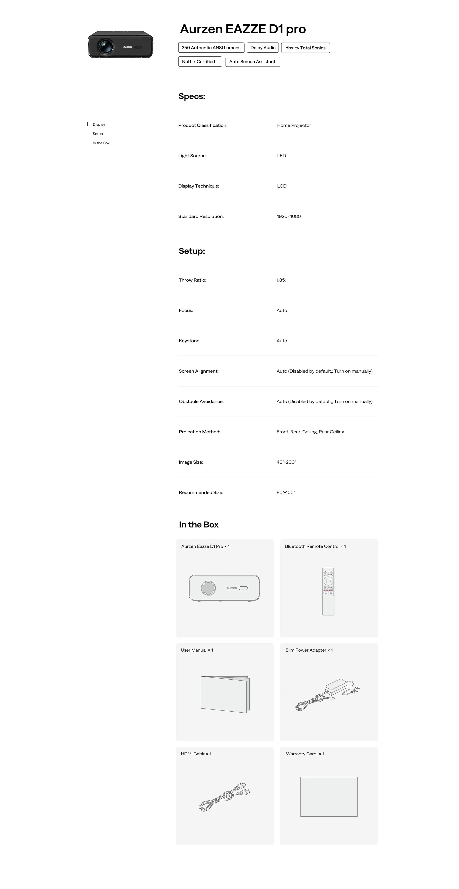 Aurzen EAZZE D1 Pro Smart Projector Specifications