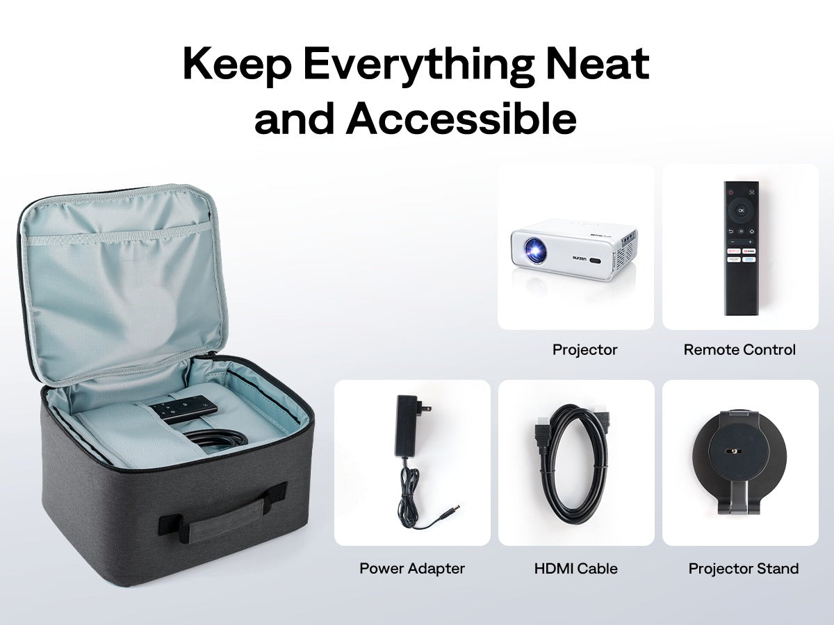 All-in-one storage solution for projector, remote, HDMI cable, adapter, and stand inside Aurzen case