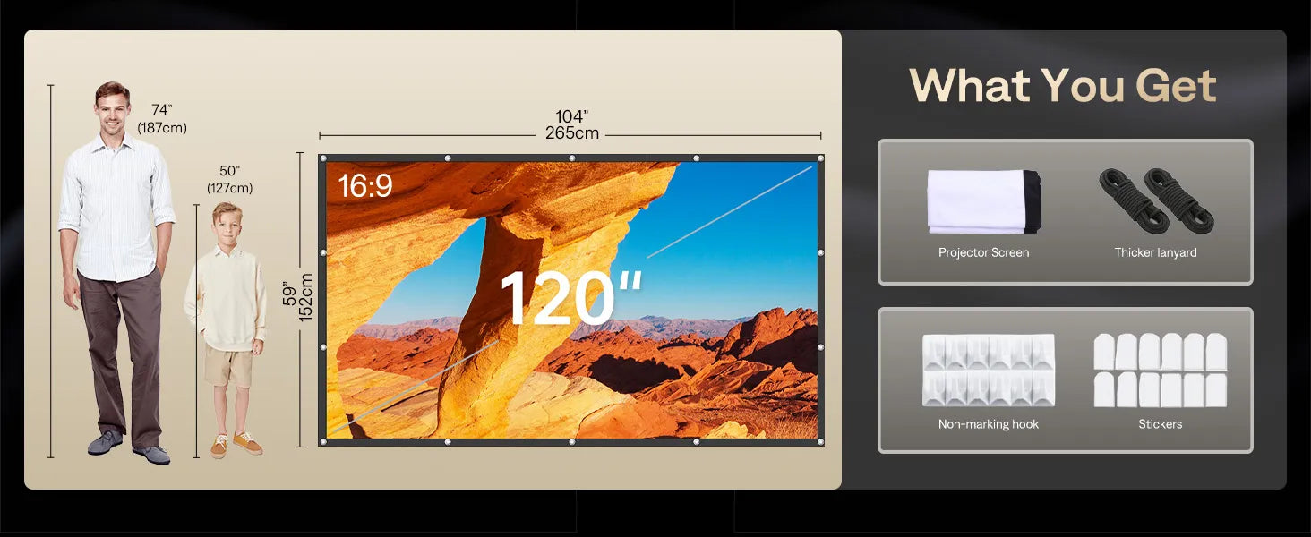Projector Screen Dimensions and Package Contents - An image displaying the 120" projector screen size along with a list of what's included in the package such as a projector screen, thicker lanyard, hooks, and stickers.