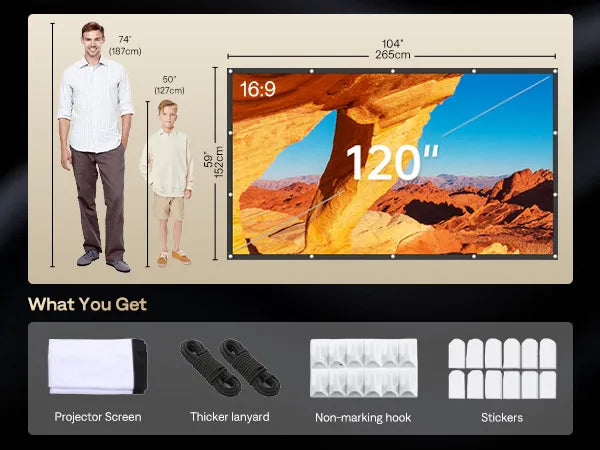 Projector Screen Dimensions and Package Contents - An image displaying the 120" projector screen size along with a list of what's included in the package such as a projector screen, thicker lanyard, hooks, and stickers.