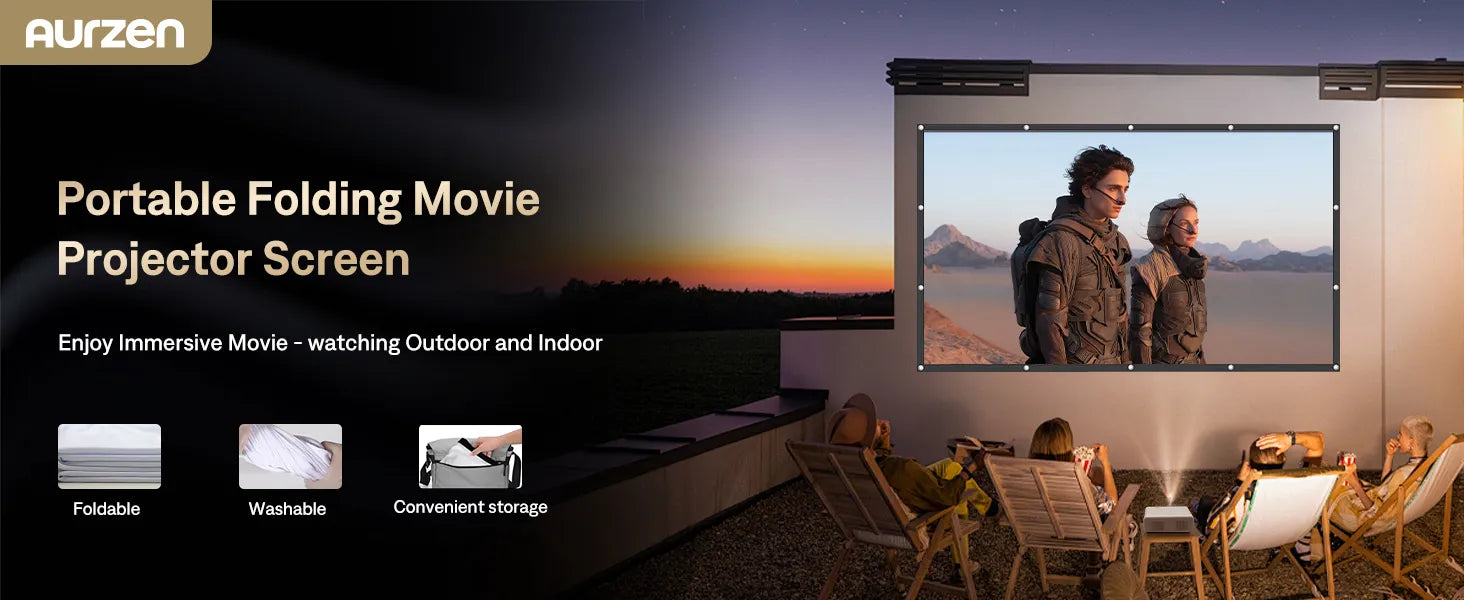 Portable folding Aurzen projector screen set up outdoors for immersive movie-watching with easy storage and maintenance features, ideal for indoor and outdoor use.