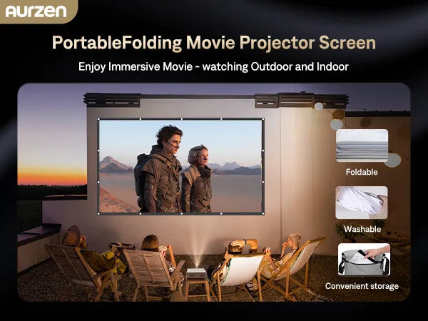 Portable folding Aurzen projector screen set up outdoors for immersive movie-watching with easy storage and maintenance features, ideal for indoor and outdoor use.