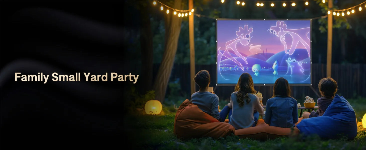 Family Movie Night in Small Yard Party - Group of friends and family sitting outdoors in a small yard enjoying a movie on the projector screen during a fun family party.