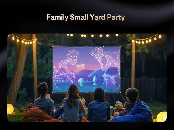 Family Movie Night in Small Yard Party - Group of friends and family sitting outdoors in a small yard enjoying a movie on the projector screen during a fun family party.