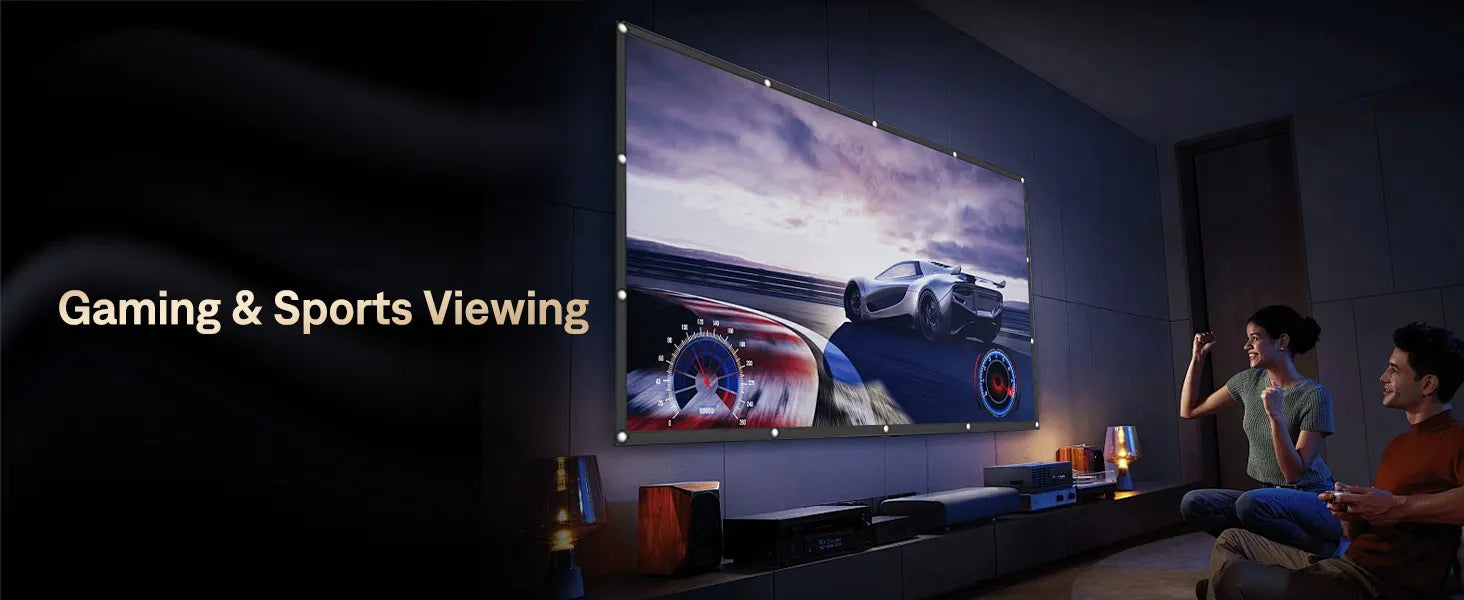 Gaming and Sports Viewing on the Projector Screen - A scene of a couple enjoying a gaming or sports viewing experience with the projector screen set up, providing immersive entertainment.