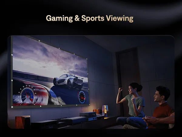 Gaming and Sports Viewing on the Projector Screen - A scene of a couple enjoying a gaming or sports viewing experience with the projector screen set up, providing immersive entertainment.