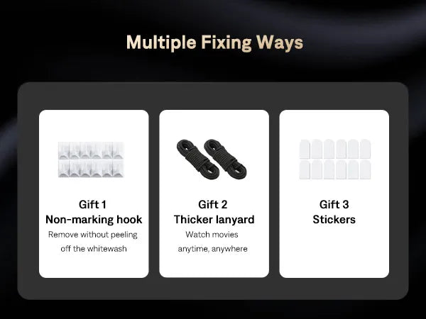 Multiple Fixing Options for Projector Screen - Visual explanation of the three available fixing methods: non-marking hook, thicker lanyard, and stickers for convenient installation.