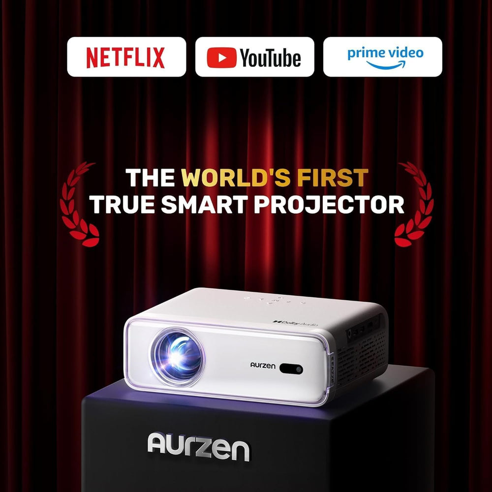 Aurzen EAZZE D1 smart projector with front lens, on black display box
