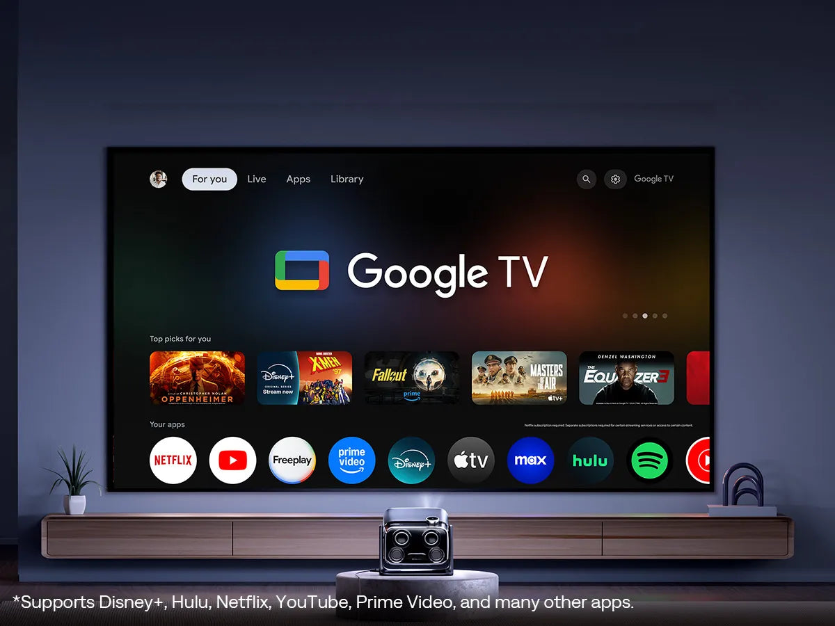 Built-in Official Google TV, Truly Unlimited StreamingBOOM mini smart projector brings built-in Google TV to your big screen, unlocking 10,000+ apps, including NetfIix, YouTube, and the hard-to-find, officially licensed Disney+ and Hulu.