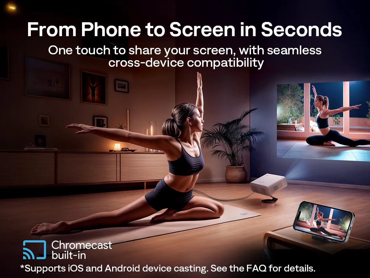 Woman casting a yoga video from her smartphone to the Aurzen EAZZE D1G projector using built-in Chromecast.