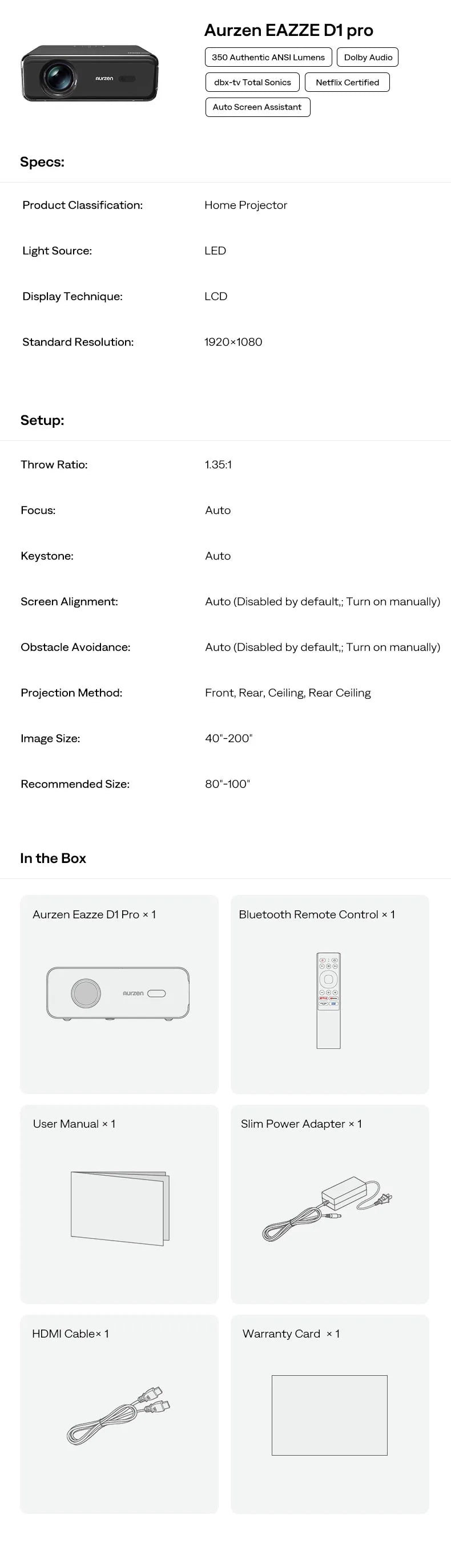 Aurzen EAZZE D1 Pro Smart Projector Specifications
