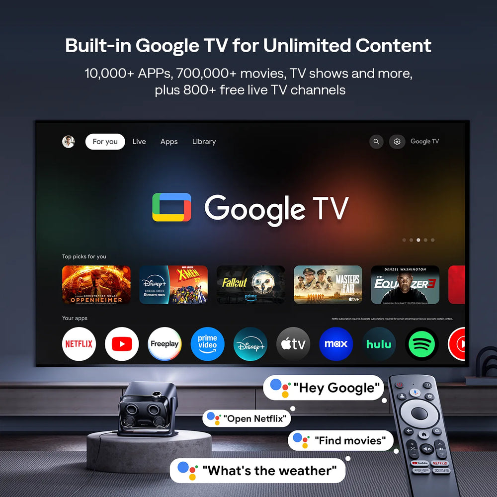 Built-in Google TV smart projector with 10,000+ apps including Netflix, YouTube, Disney+, Hulu and voice control with Google Assistant