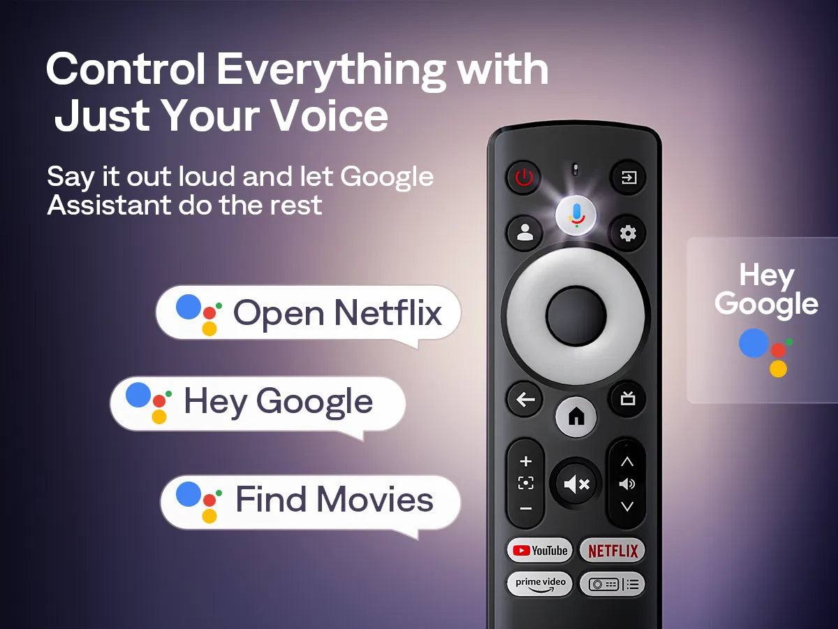 Close-up of Aurzen projector remote with Google Assistant voice control and direct access to Netflix and YouTube.