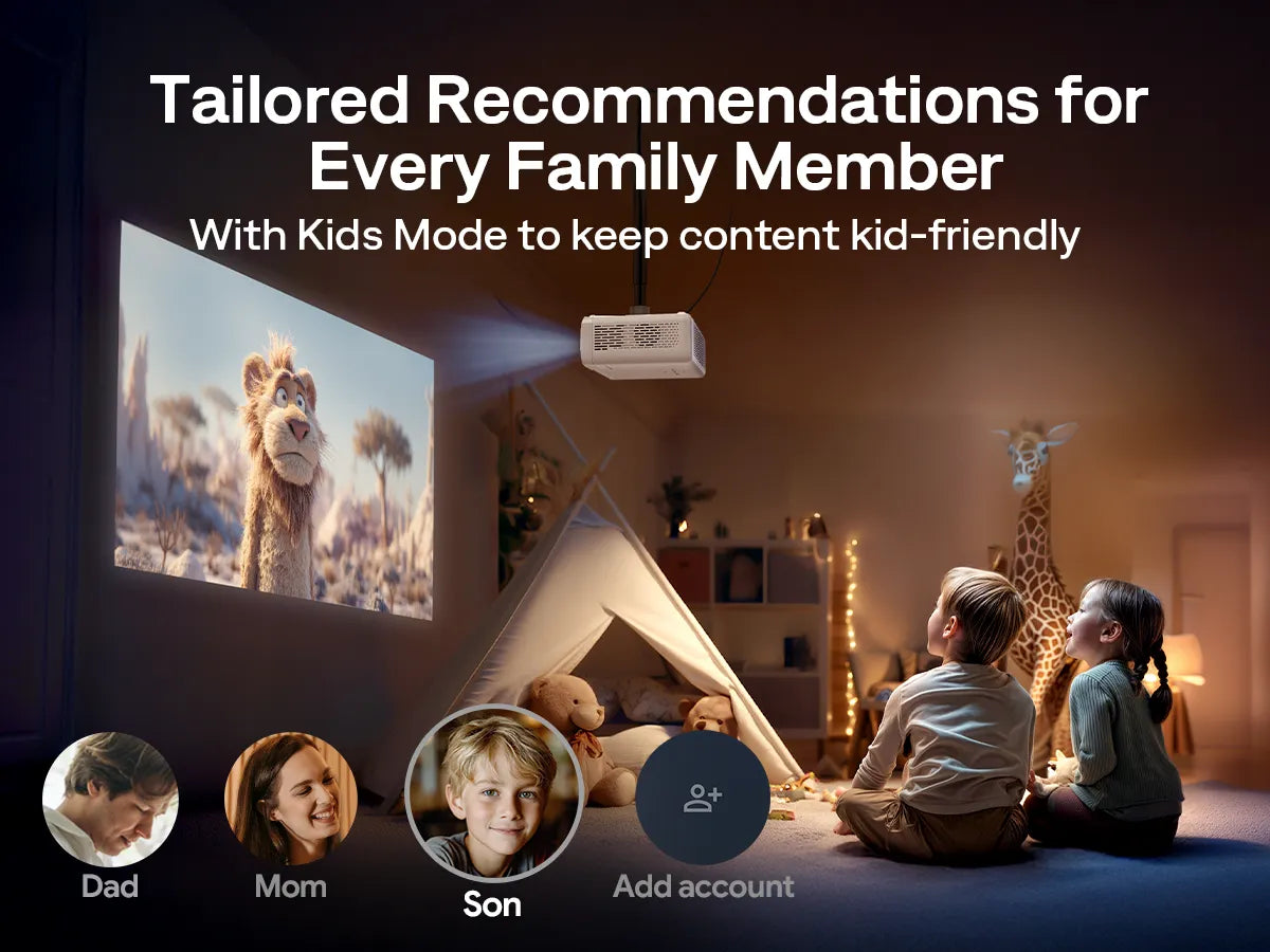 Personalized content recommendations for family members with Kids Mode on Aurzen EAZZE D1G projector