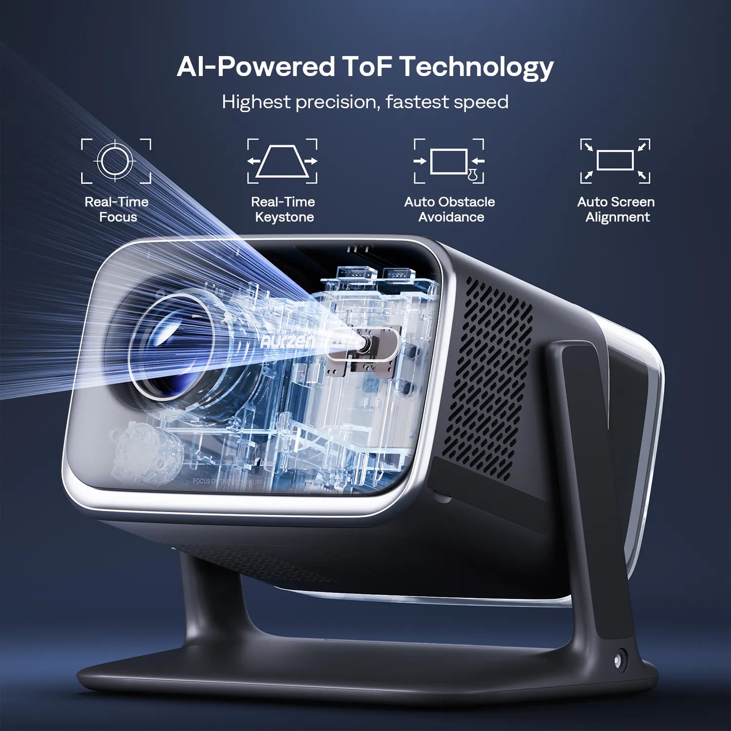Aurzen BOOM mini projector with real-time focus and keystone correction, featuring auto screen alignment and obstacle avoidance