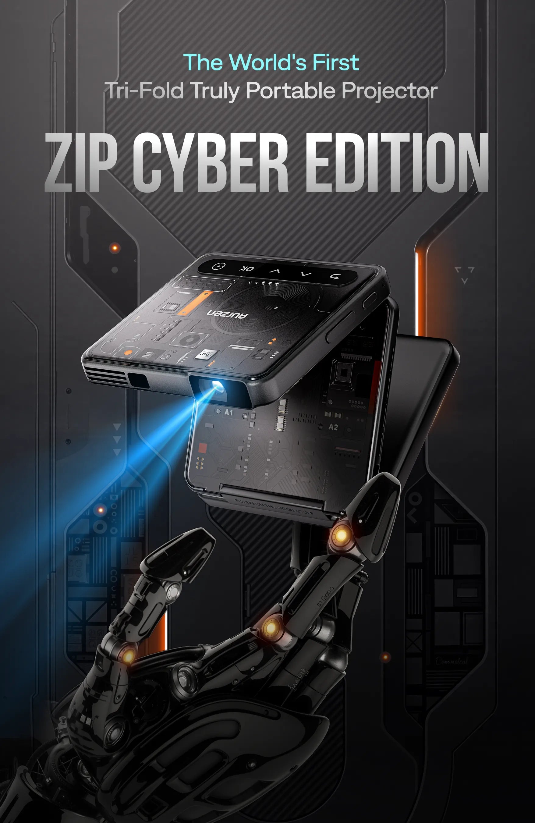 Tri-fold portable projector with text 'The World's First Tri-Fold Truly Portable Projector ZIP CYBER EDITION' on a dark background.