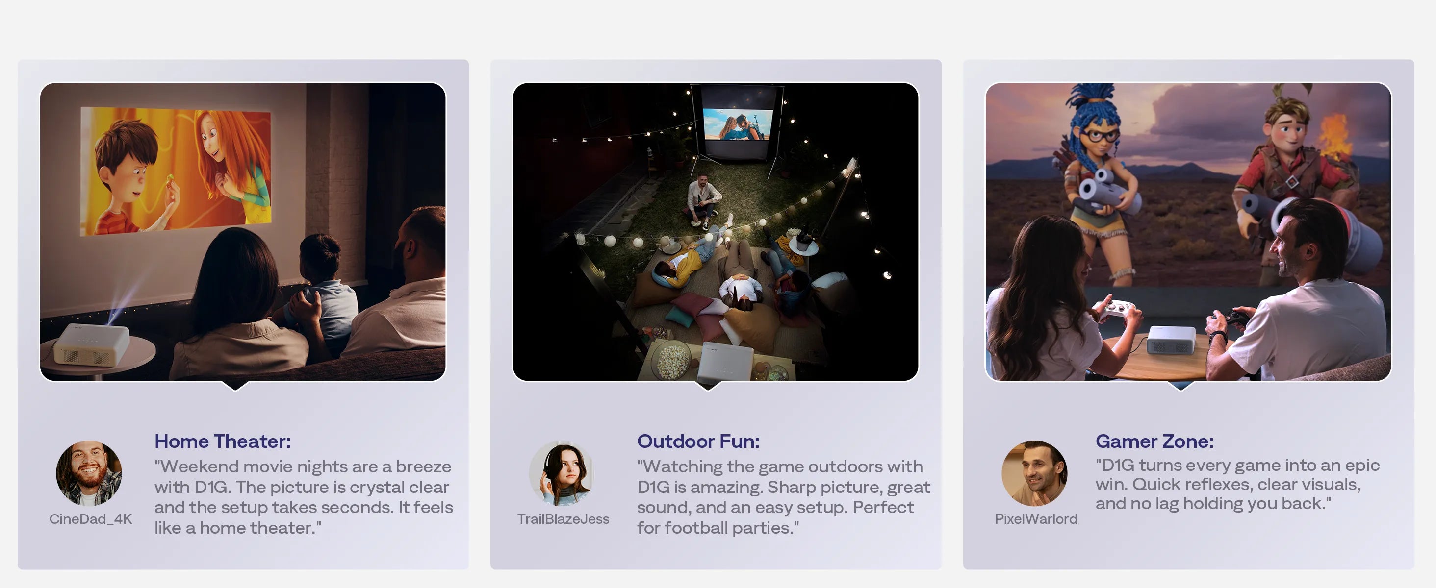 Customer reviews showing how Aurzen EAZZE D1G projector excels in home theater, outdoor fun, and gaming