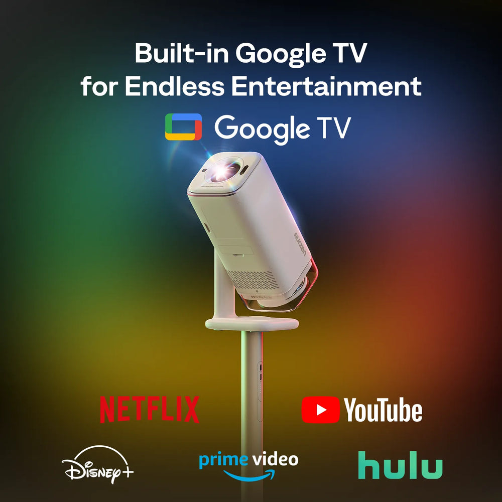 Aurzen BOOM Air Google TV projector with streaming apps like Netflix and YouTube
