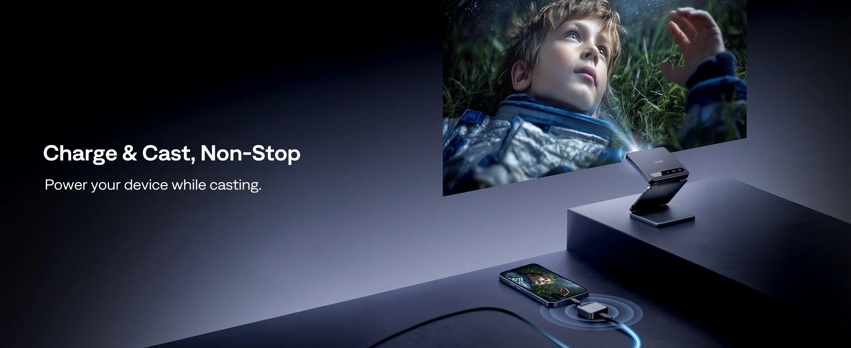 Charge while casting—CastPlay Pro supports pass-through power for non-stop streaming to the Aurzen ZIP projector