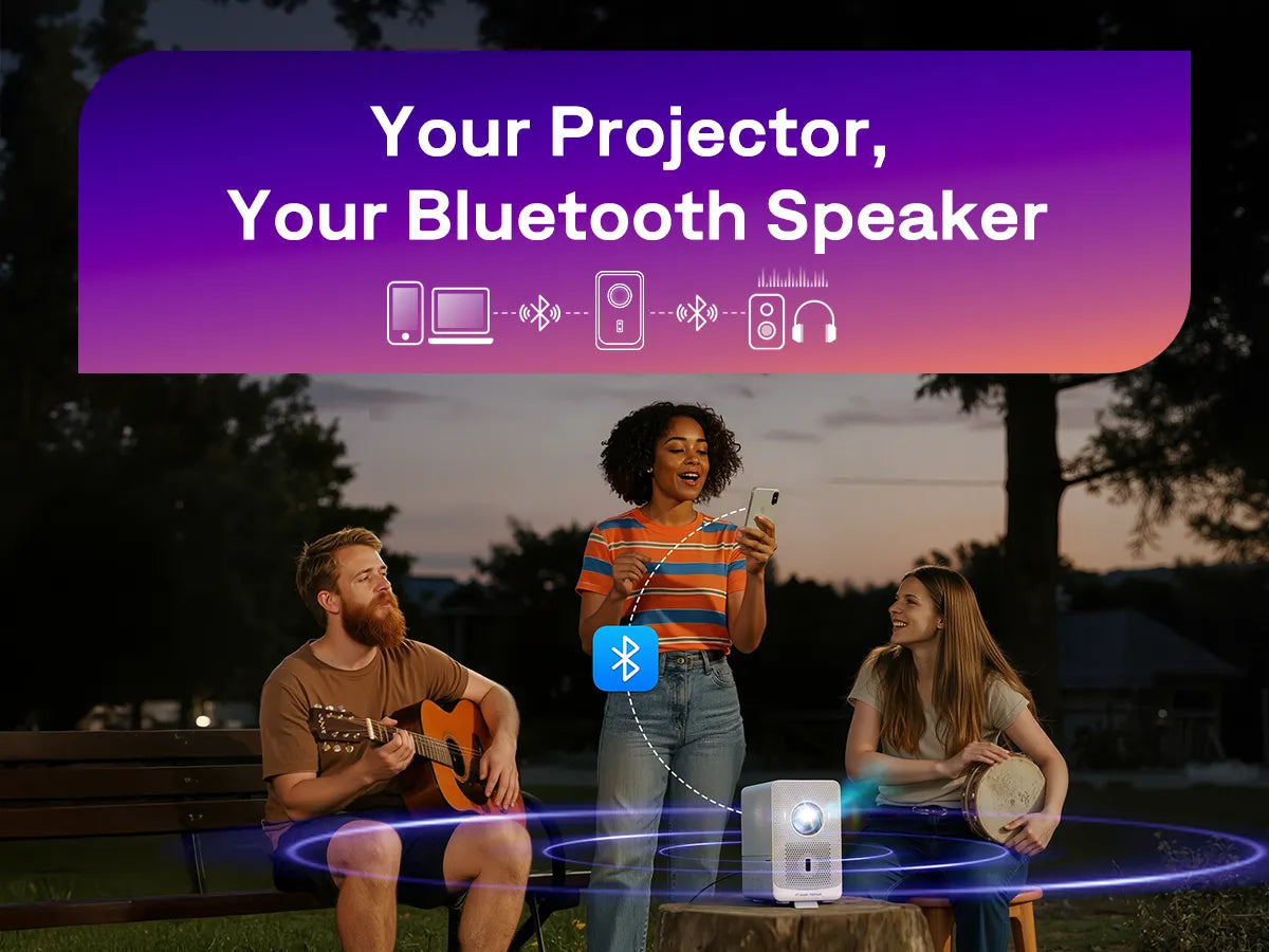 Aurzen D1R Cube projector used outdoors as a Bluetooth speaker, friends enjoying music together