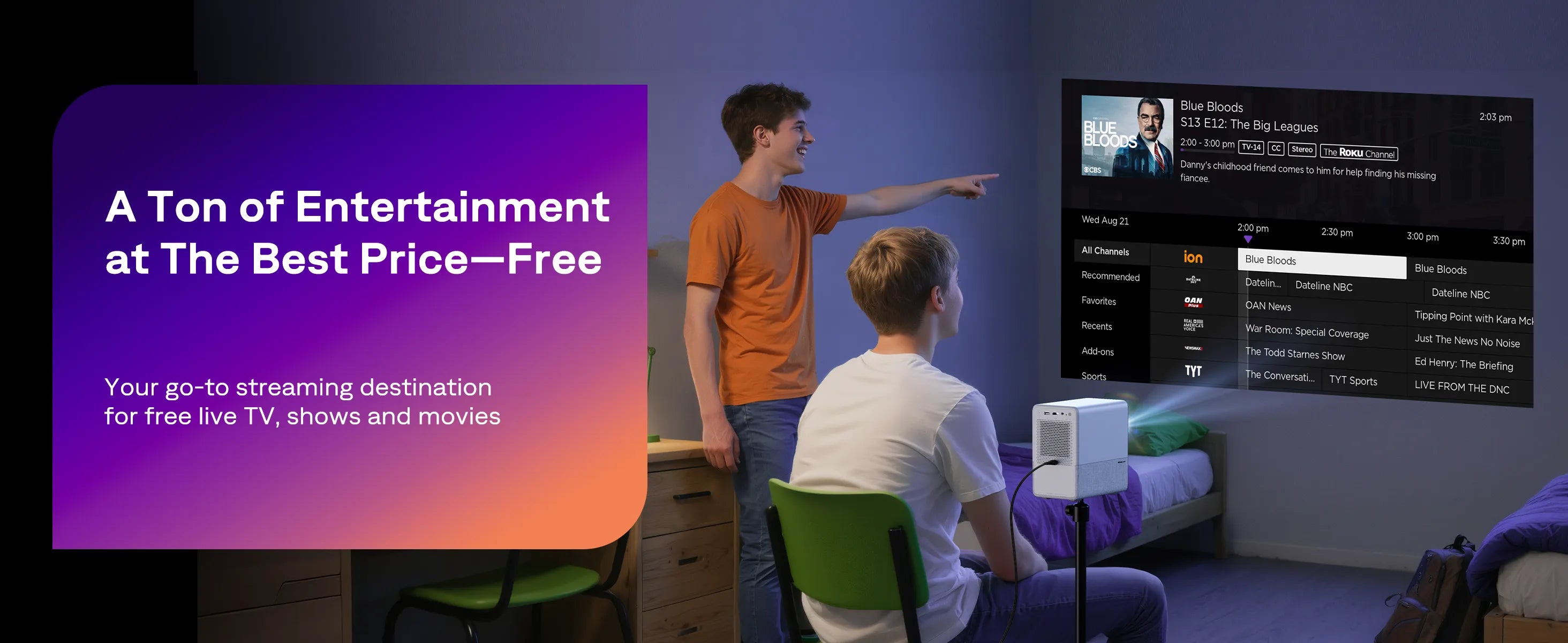 Aurzen EAZZE D1R Cube Roku TV Smart Projector showing free live TV streaming interface