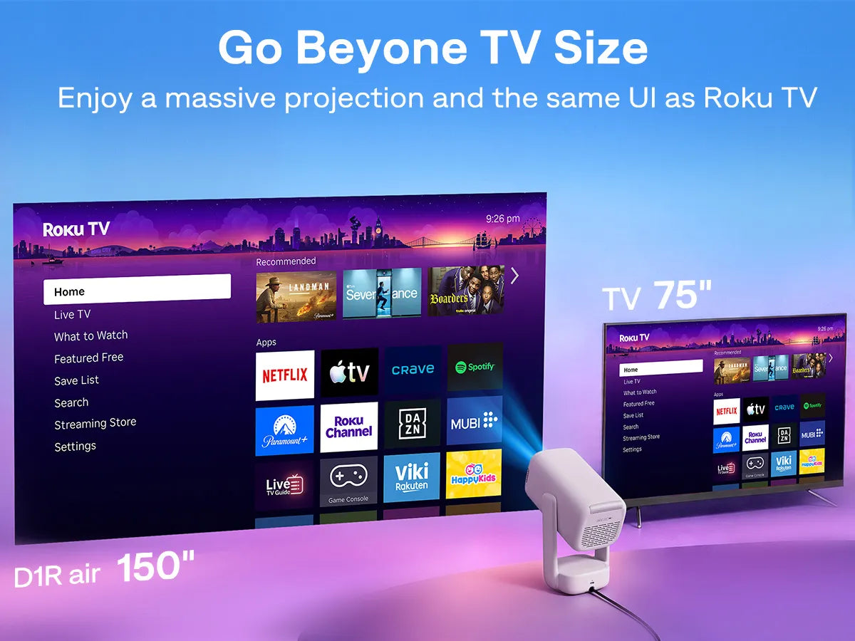 Aurzen EAZZE D1R air Roku TV projector delivers a 150-inch projection with the same easy Roku TV interface