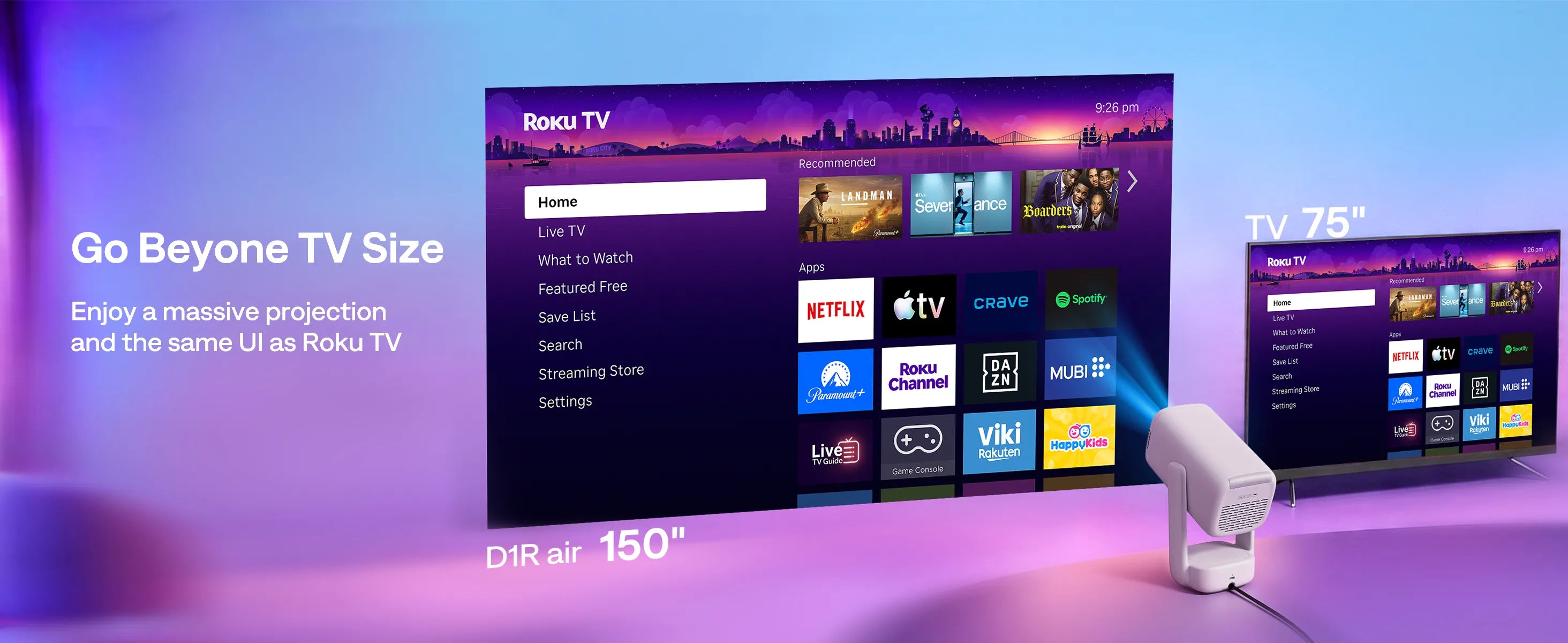 Aurzen EAZZE D1R air Roku TV projector delivers a 150-inch projection with the same easy Roku TV interface