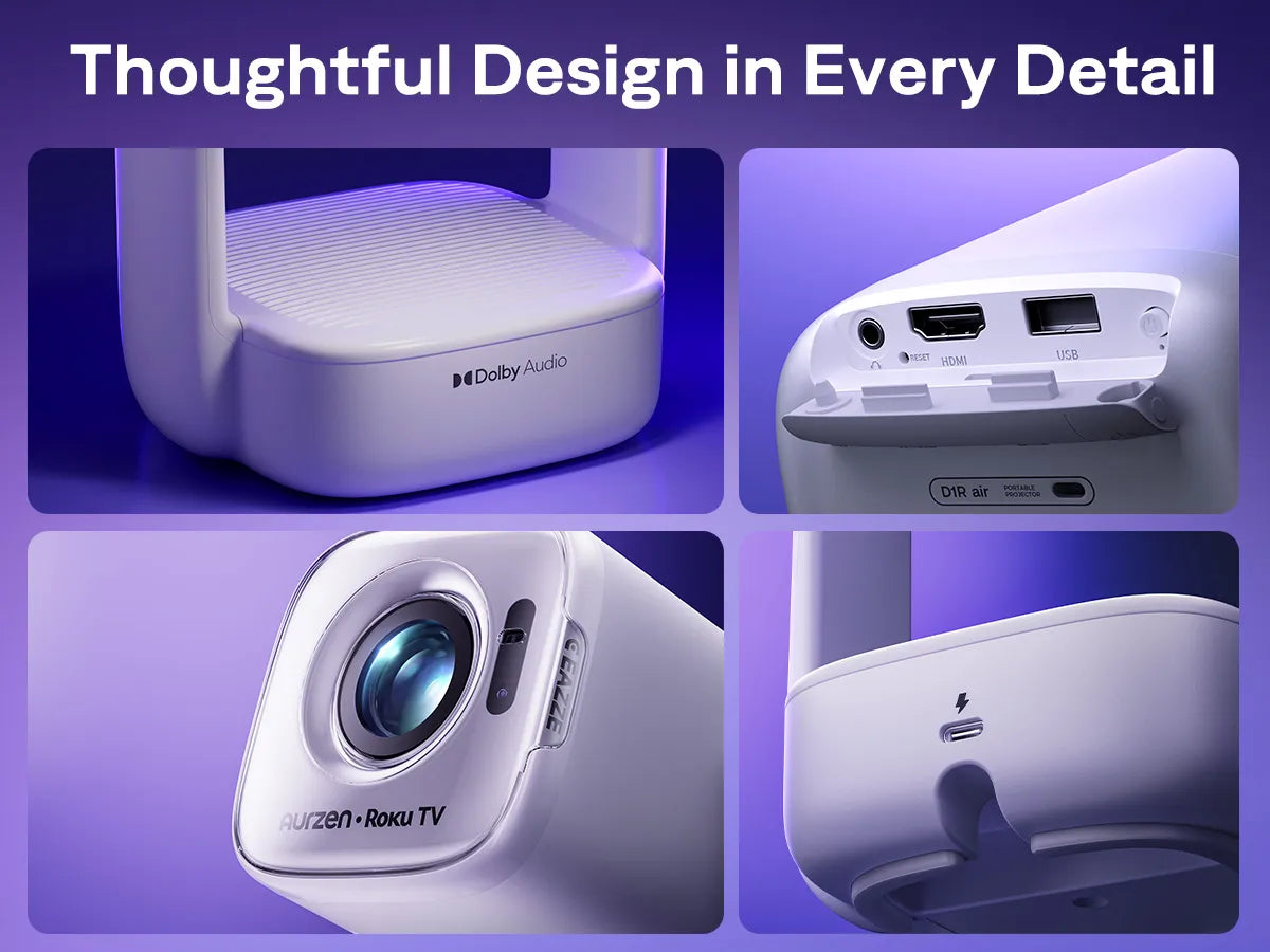 Aurzen EAZZE D1R air projector with thoughtful design, lens detail, HDMI, USB, audio, and USB-C ports