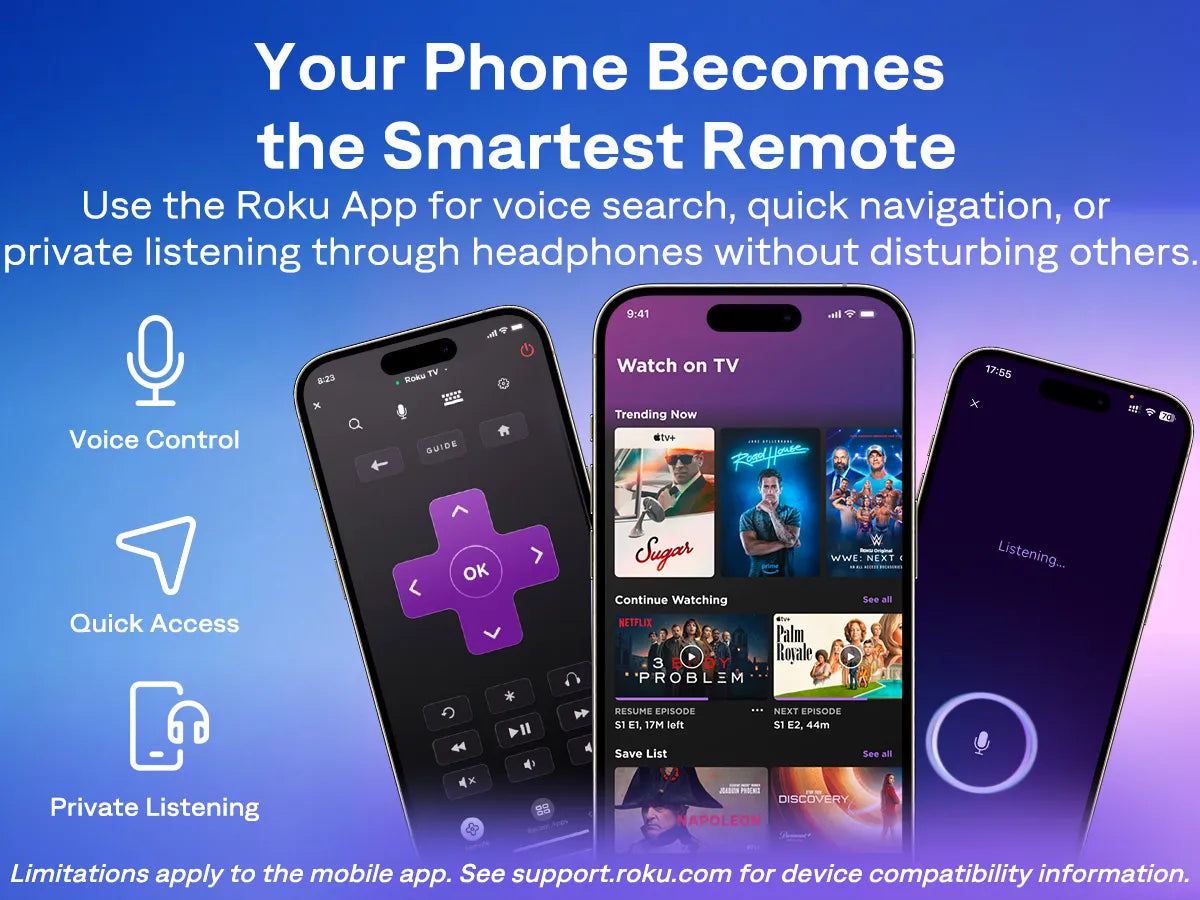 Aurzen EAZZE D1R air projector supports Roku mobile app control, voice search, quick navigation, and private listening