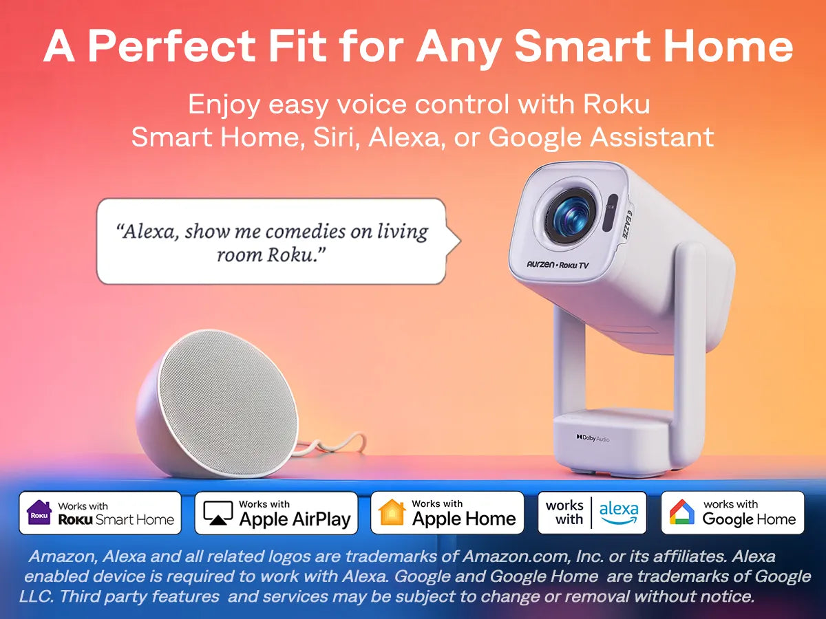 Aurzen EAZZE D1R air Roku TV projector compatible with Roku Smart Home, Apple Home, Alexa, and Google Home