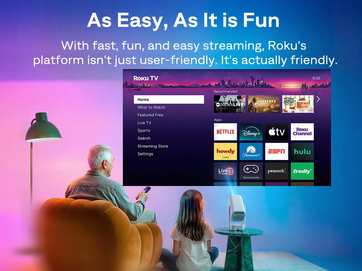 Aurzen EAZZE D1R air Roku TV projector with simple streaming interface for family viewing