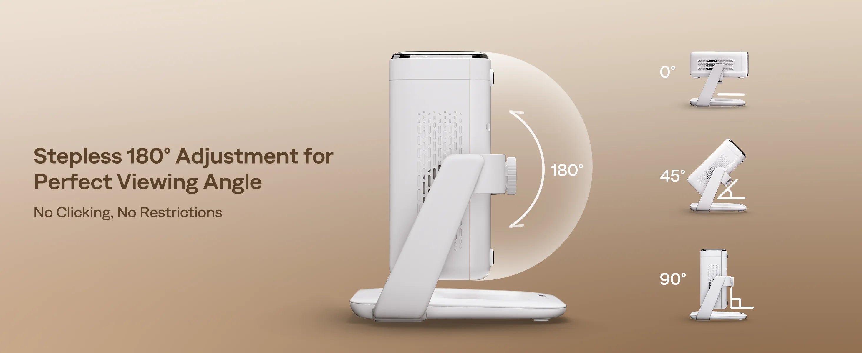 Side view showing Aurzen projector stand with 0°, 45°, and 90° angle settings