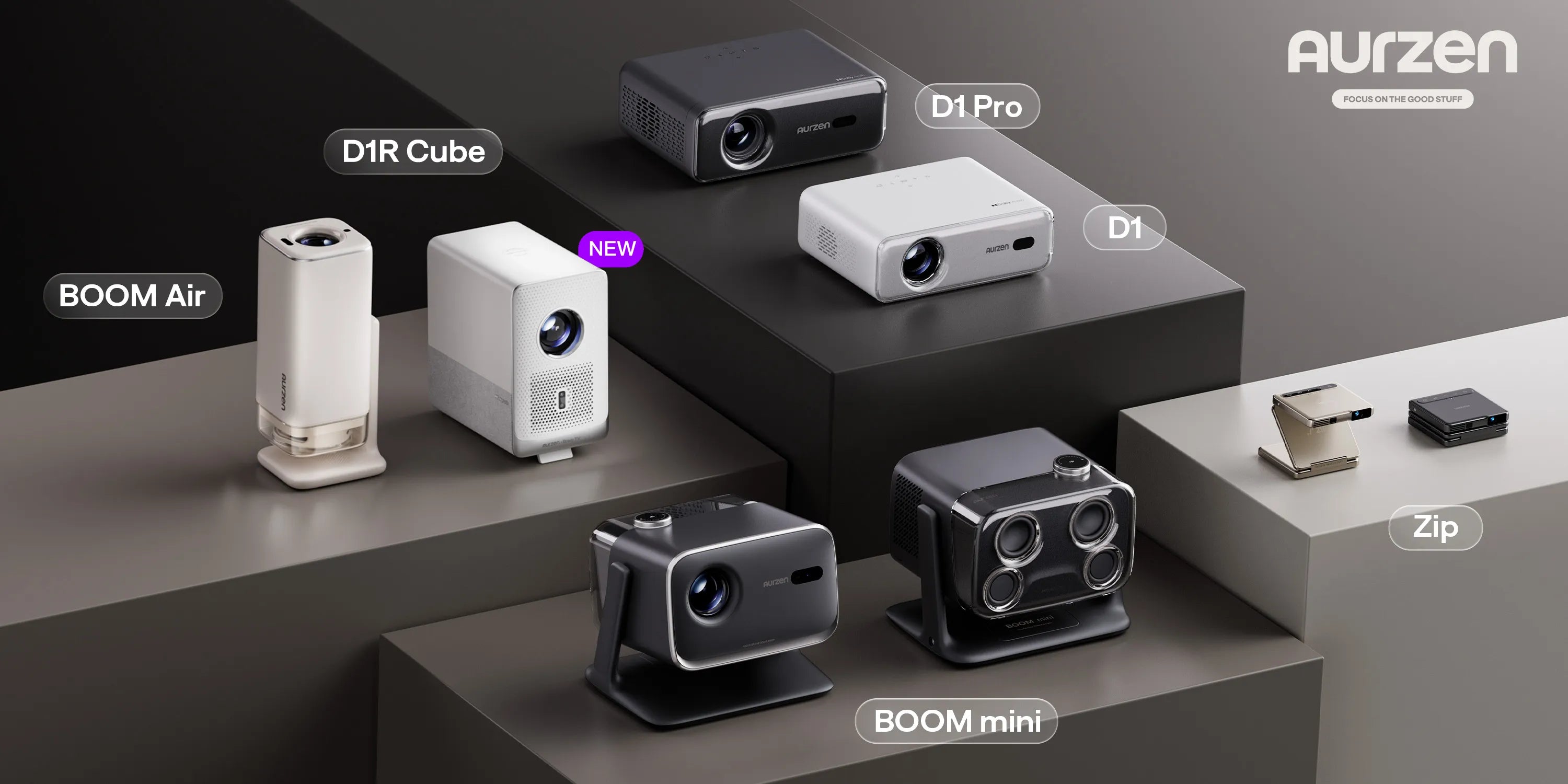 Collection of Aurzen projectors and devices on a dark background