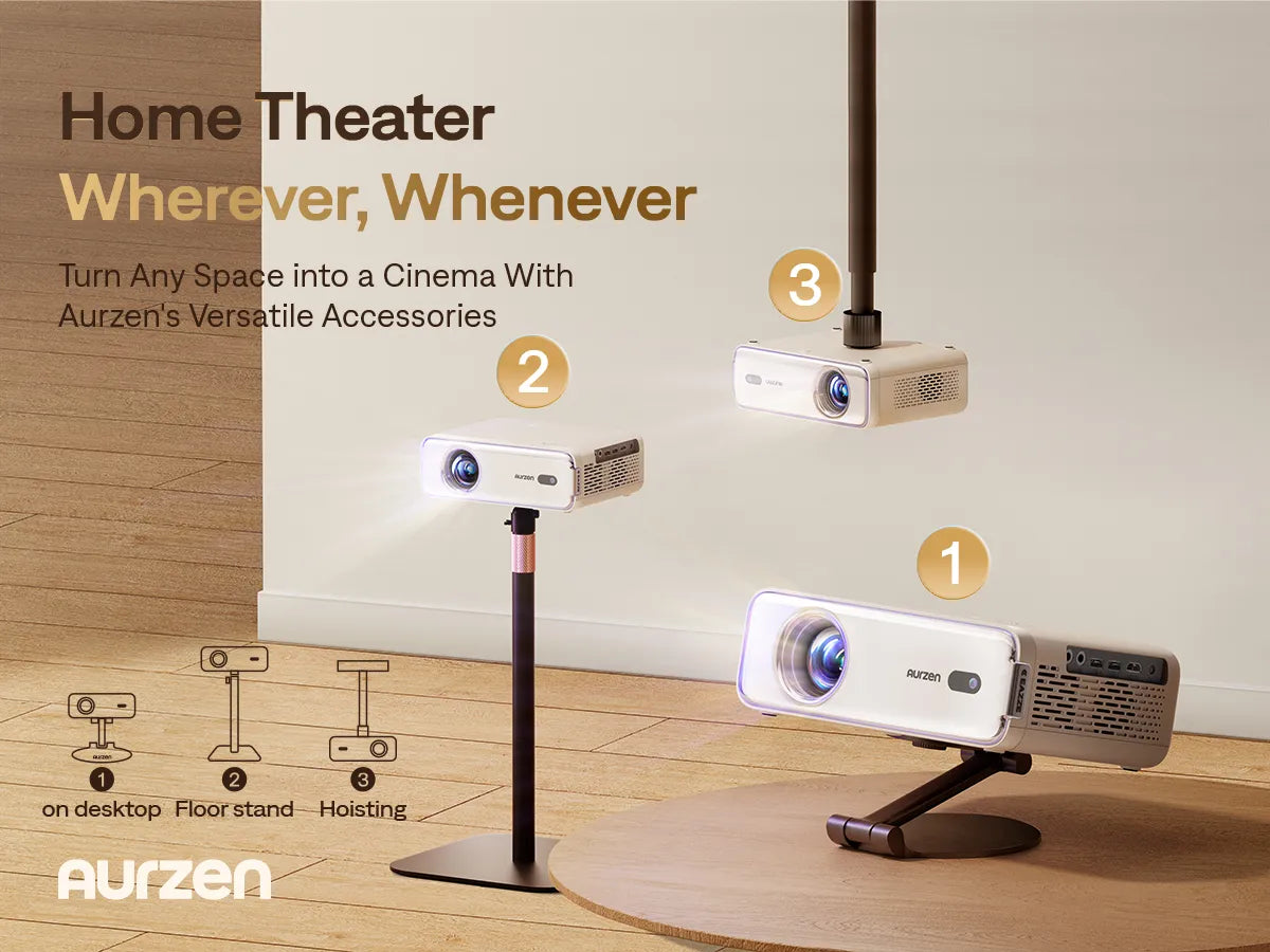 The Aurzen D1 projector supports ceiling mount, tabletop mount, tripod mount, and wall mount with a 1/4'' screw hole at the bottom.